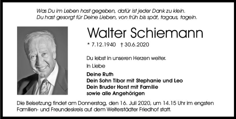  Traueranzeige für Walter Schiemann vom 11.07.2020 aus vrm-trauer