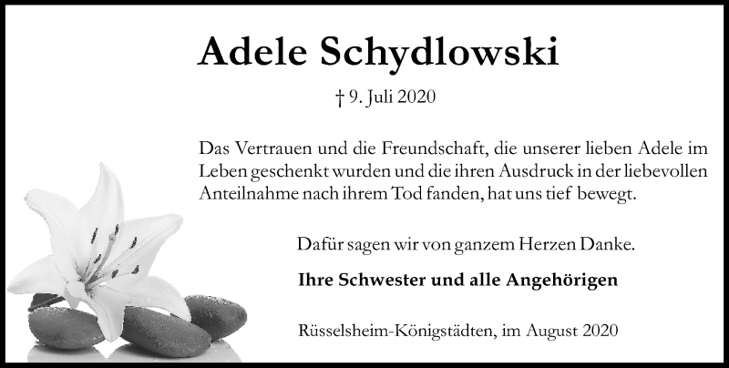  Traueranzeige für Adele Schydlowski vom 08.08.2020 aus vrm-trauer
