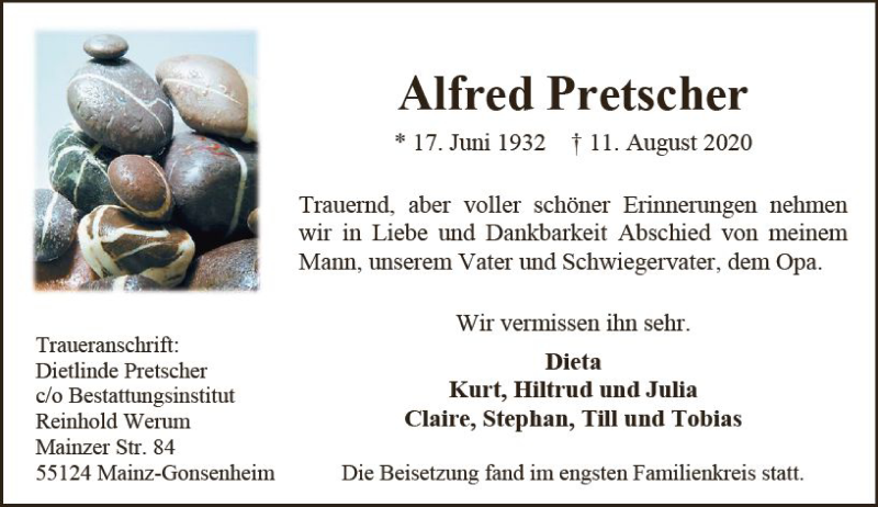  Traueranzeige für Alfred Pretscher vom 29.08.2020 aus vrm-trauer