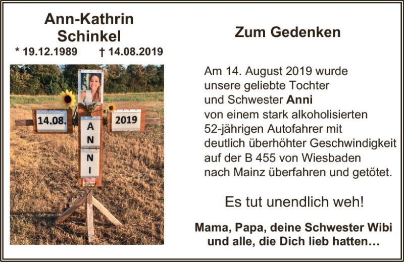  Traueranzeige für Ann-Kathrin Schinkel vom 14.08.2020 aus vrm-trauer