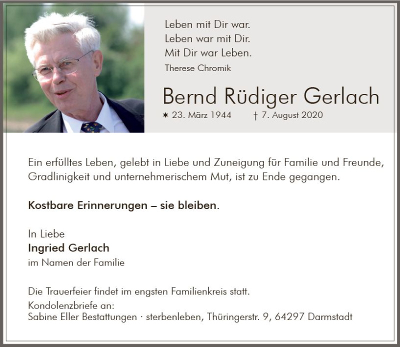  Traueranzeige für Bernd Rüdiger Gerlach vom 15.08.2020 aus vrm-trauer