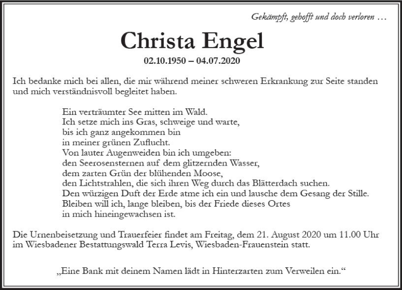  Traueranzeige für Christa Engel vom 15.08.2020 aus vrm-trauer