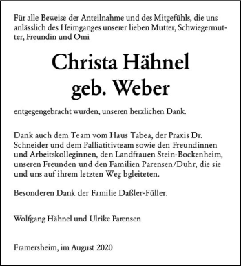 Traueranzeige von Christa Hähnel von vrm-trauer