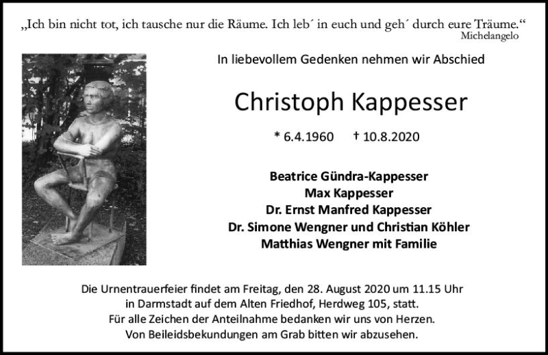  Traueranzeige für Christoph Kappesser vom 22.08.2020 aus vrm-trauer
