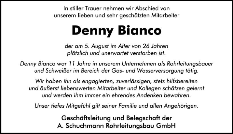  Traueranzeige für Denny Bianco vom 15.08.2020 aus vrm-trauer