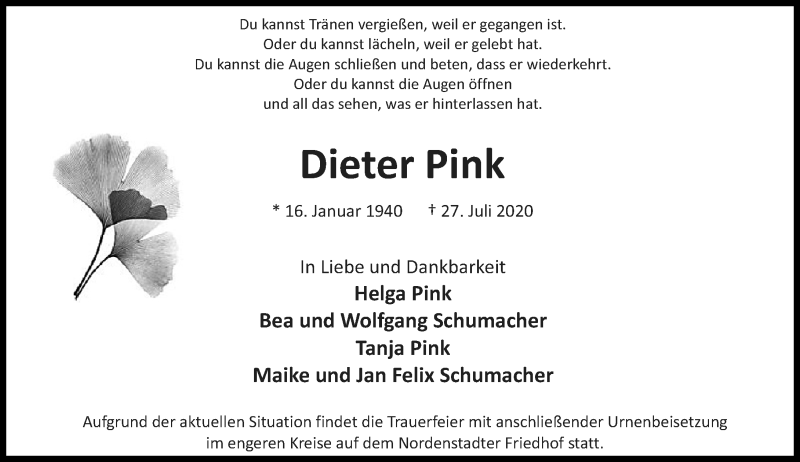  Traueranzeige für Dieter Pink vom 08.08.2020 aus vrm-trauer