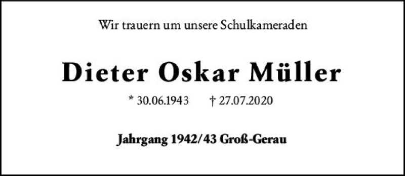  Traueranzeige für Dieter Oskar Müller vom 20.08.2020 aus vrm-trauer