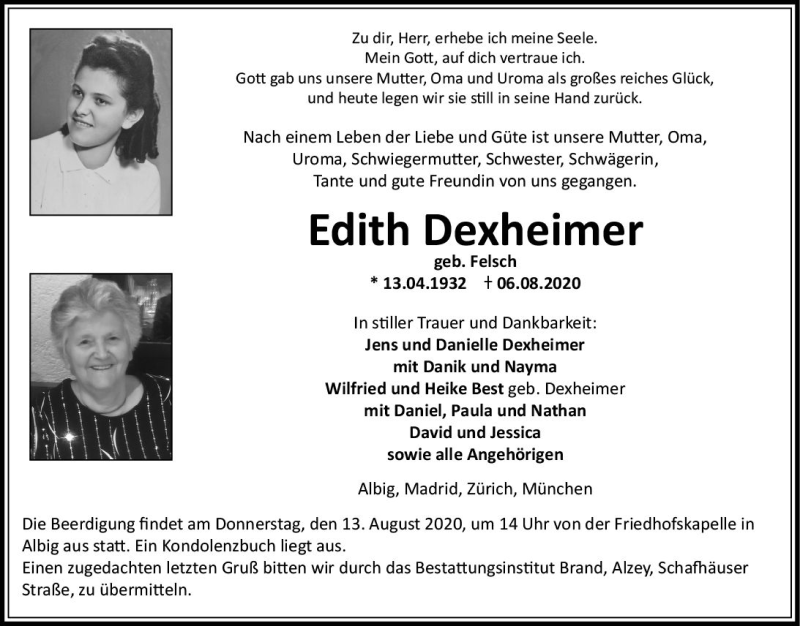  Traueranzeige für Edith Dexheimer vom 10.08.2020 aus vrm-trauer
