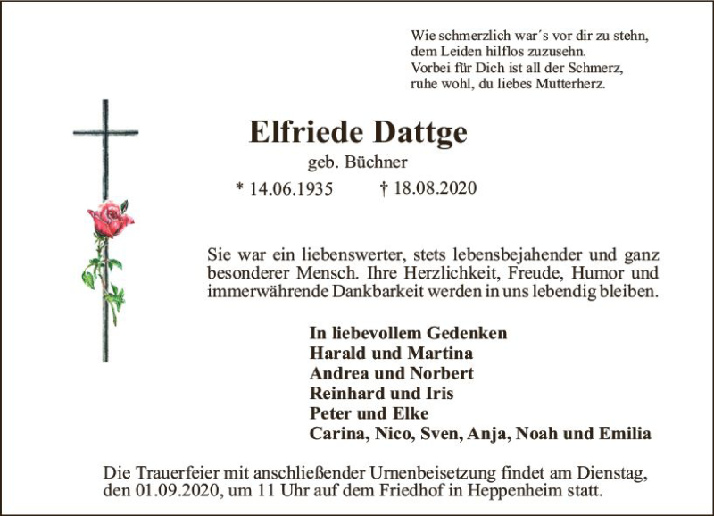  Traueranzeige für Elfriede Dattge vom 29.08.2020 aus vrm-trauer
