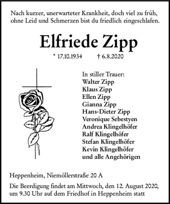 Traueranzeige von Elfriede Zipp von vrm-trauer