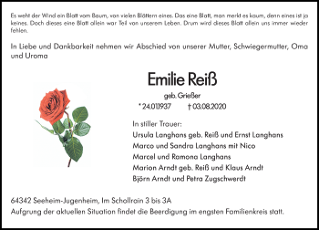 Traueranzeige von Emilie Reiß von vrm-trauer