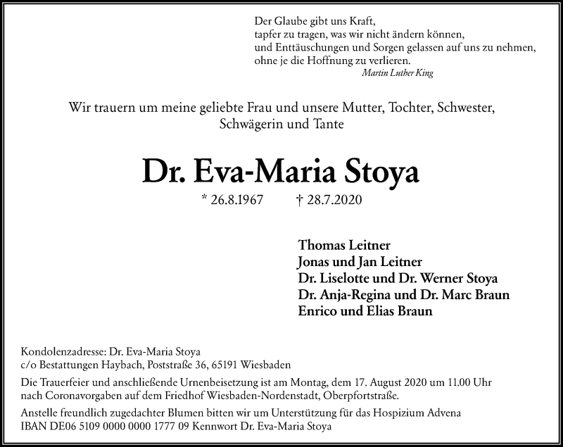  Traueranzeige für Eva-Maria Stoya vom 08.08.2020 aus vrm-trauer