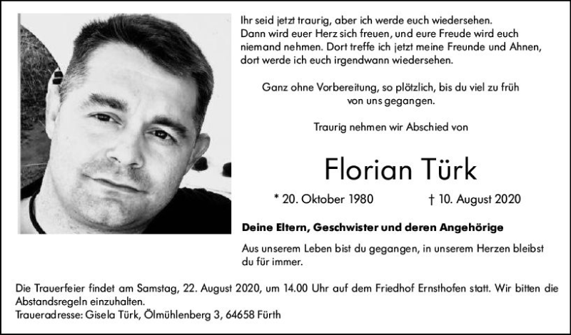  Traueranzeige für Florian Türk vom 15.08.2020 aus vrm-trauer