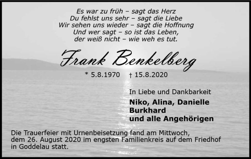  Traueranzeige für Frank Benkelberg vom 26.08.2020 aus vrm-trauer