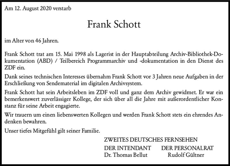  Traueranzeige für Frank Schott vom 19.08.2020 aus vrm-trauer