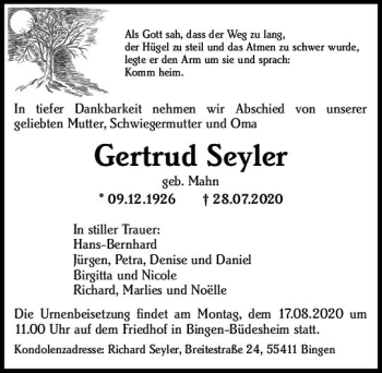 Traueranzeige von Gertrud Seyler von vrm-trauer