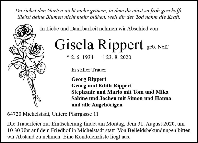  Traueranzeige für Gisela Rippert Neff vom 29.08.2020 aus vrm-trauer