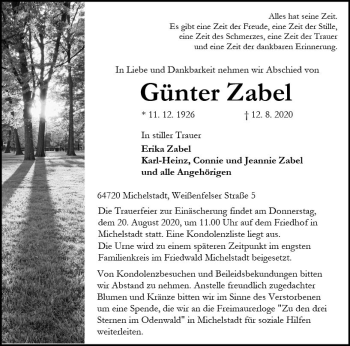 Traueranzeige von Günter Zabel von vrm-trauer