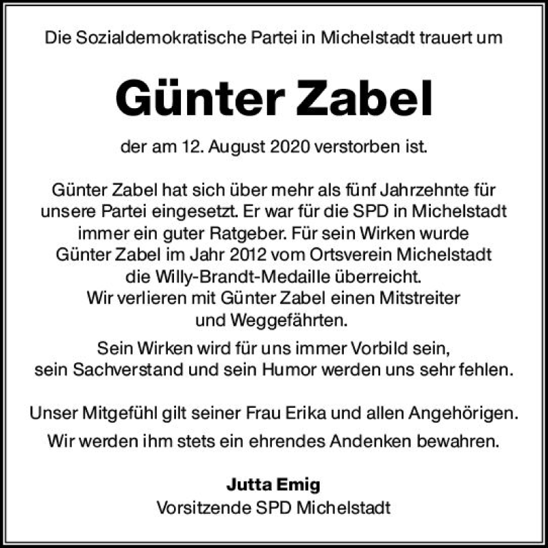  Traueranzeige für Günter Zabel vom 15.08.2020 aus vrm-trauer