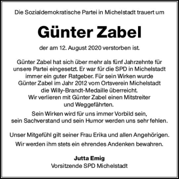Traueranzeige von Günter Zabel von vrm-trauer