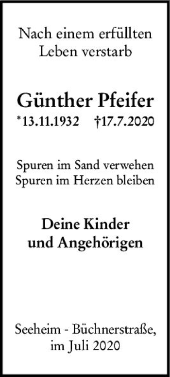 Traueranzeige von Günther Pfeifer von vrm-trauer