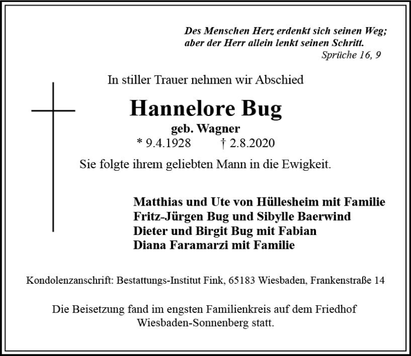  Traueranzeige für Hannelore Bug vom 15.08.2020 aus vrm-trauer