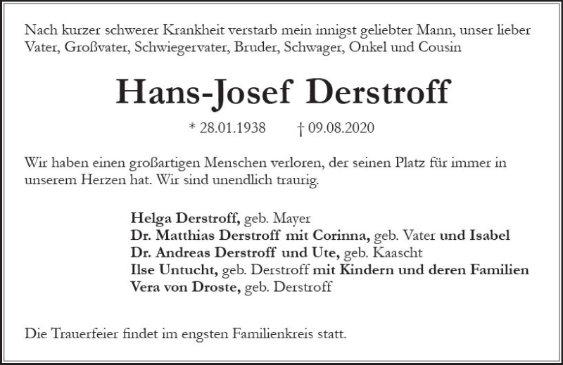  Traueranzeige für Hans-Josef Derstroff vom 15.08.2020 aus vrm-trauer