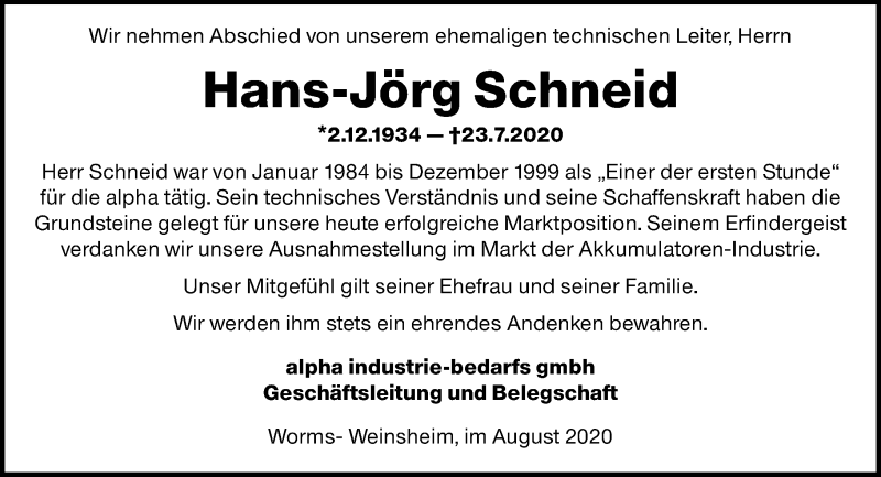  Traueranzeige für Hans-Jörg Schneid vom 08.08.2020 aus vrm-trauer