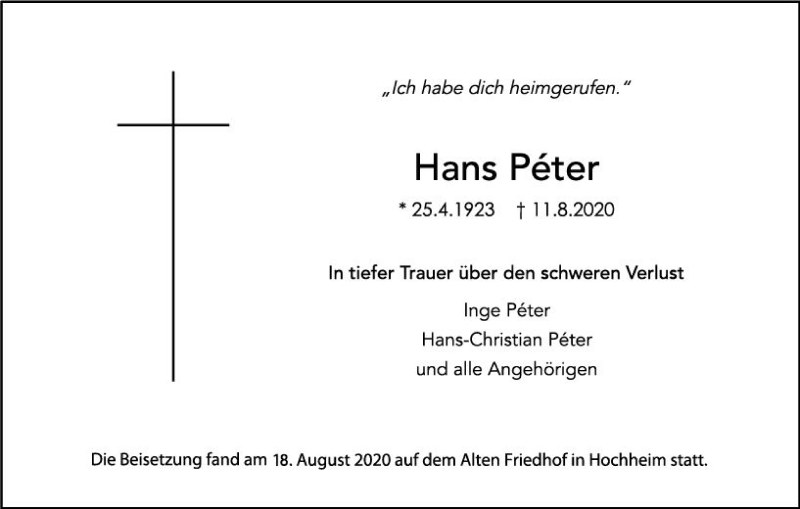  Traueranzeige für Hans Peter vom 26.08.2020 aus vrm-trauer