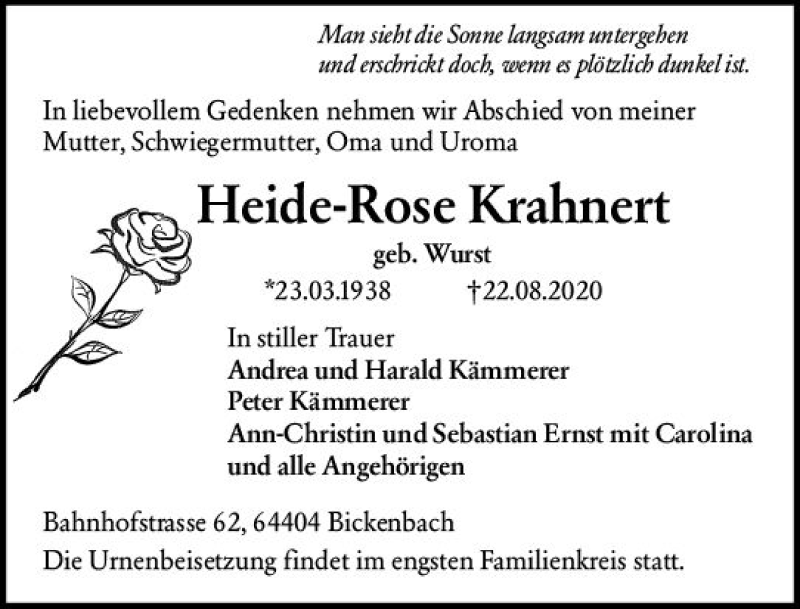 Traueranzeige für Heide-Rose Krahnert vom 29.08.2020 aus vrm-trauer