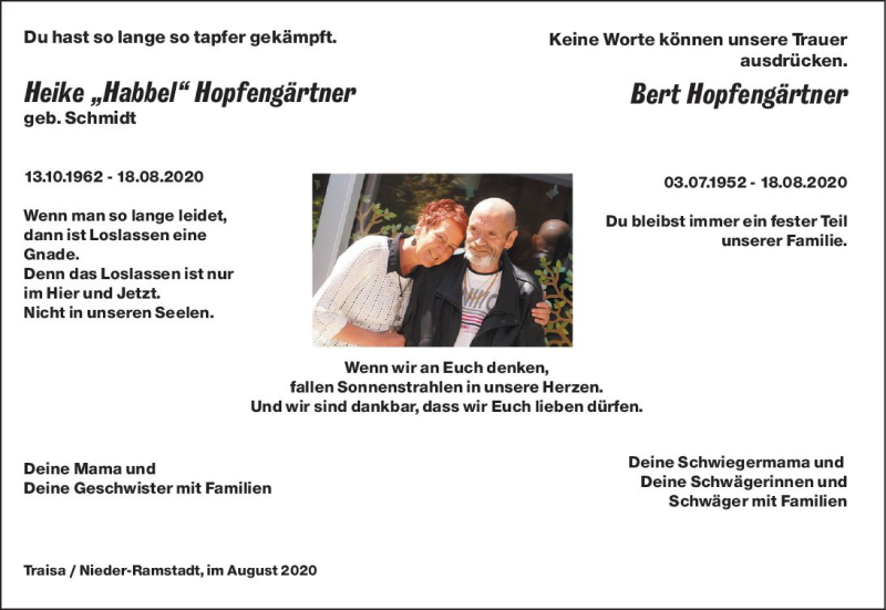  Traueranzeige für Heike Hopfengärtner vom 24.08.2020 aus vrm-trauer