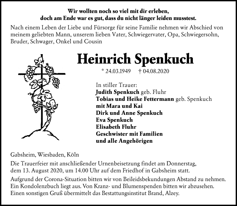  Traueranzeige für Heinrich Spenkuch vom 08.08.2020 aus vrm-trauer