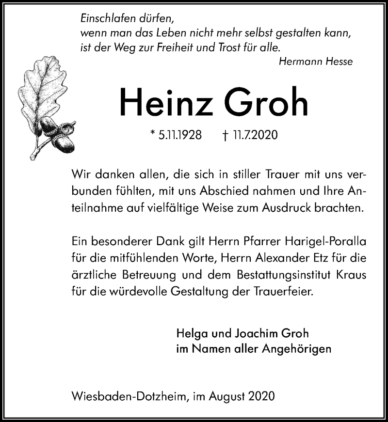  Traueranzeige für Heinz Groh vom 08.08.2020 aus vrm-trauer