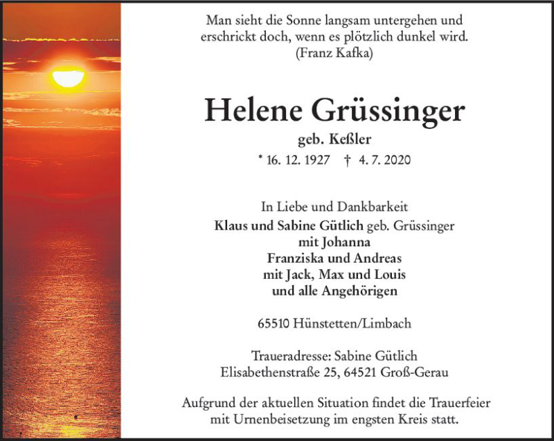  Traueranzeige für Helene Grüssinger vom 25.07.2020 aus vrm-trauer