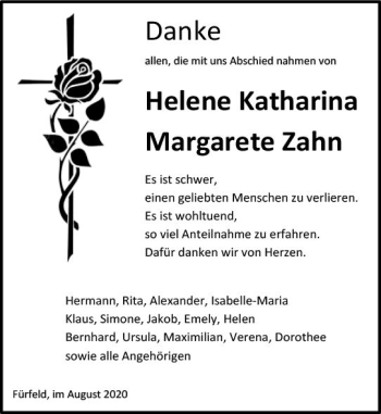 Traueranzeige von Helene Katharina Margarete Zahn von vrm-trauer