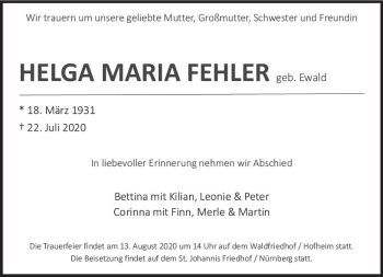 Traueranzeige von Helga Maria Fehler von vrm-trauer