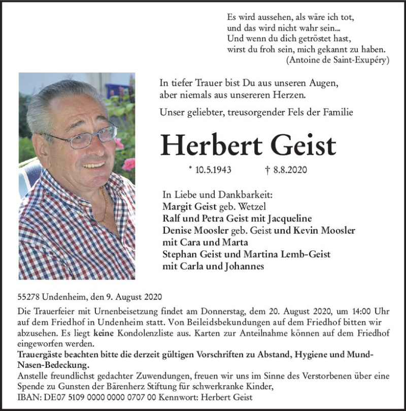  Traueranzeige für Herbert Geist vom 15.08.2020 aus vrm-trauer