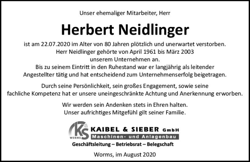  Traueranzeige für Herbert Neidlinger vom 11.08.2020 aus vrm-trauer