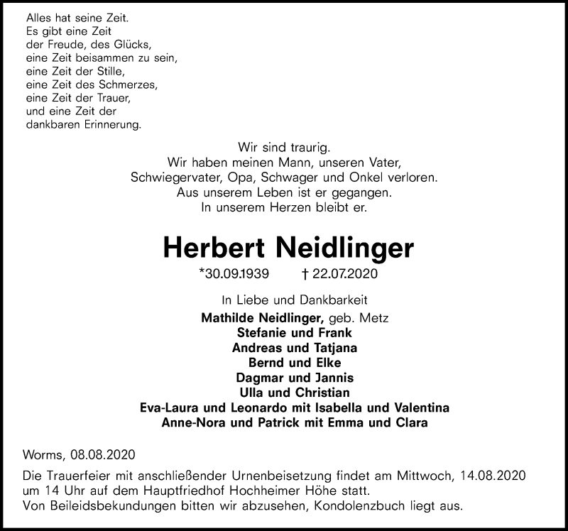  Traueranzeige für Herbert Neidlinger vom 08.08.2020 aus vrm-trauer