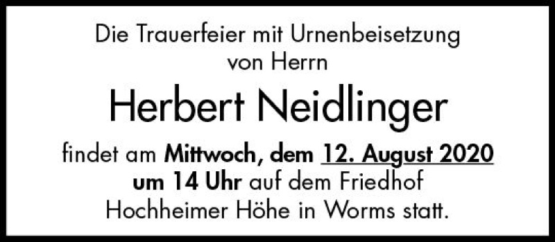  Traueranzeige für Herbert Neidlinger vom 10.08.2020 aus vrm-trauer