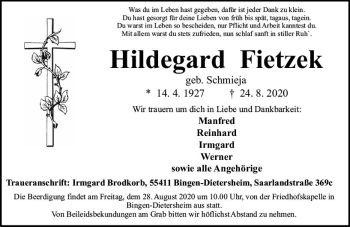 Traueranzeige von Hildegard Fietzek von vrm-trauer