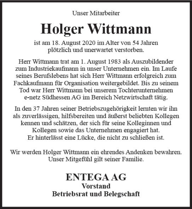  Traueranzeige für Holger Wittmann vom 22.08.2020 aus vrm-trauer