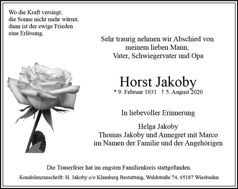 Traueranzeige für Horst Jakoby vom 29.08.2020 aus vrm-trauer