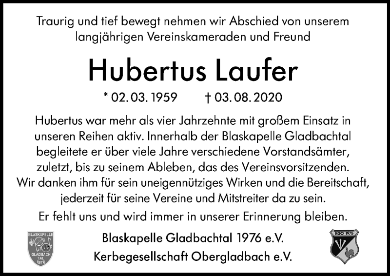  Traueranzeige für Hubertus Laufer vom 08.08.2020 aus vrm-trauer