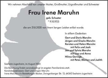 Traueranzeige von Irene Maruhn von vrm-trauer