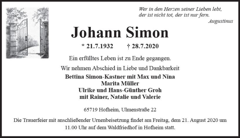  Traueranzeige für Johann Simon vom 14.08.2020 aus vrm-trauer