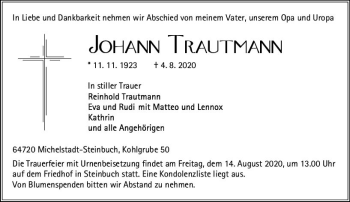 Traueranzeige von Johann Trautmann von vrm-trauer