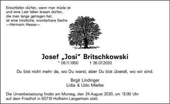 Traueranzeige von Josef Britschkowski von vrm-trauer