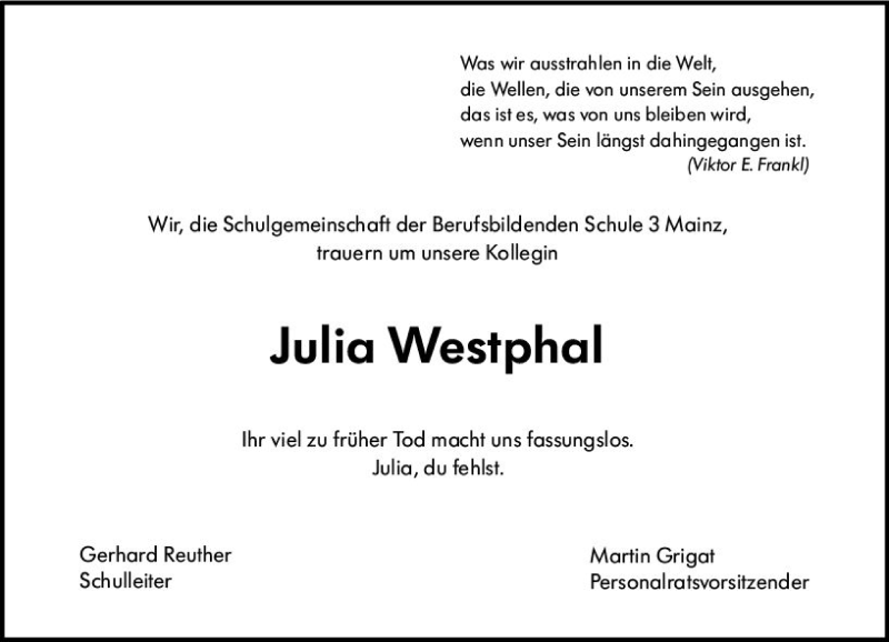  Traueranzeige für Julia Westphal vom 22.08.2020 aus vrm-trauer