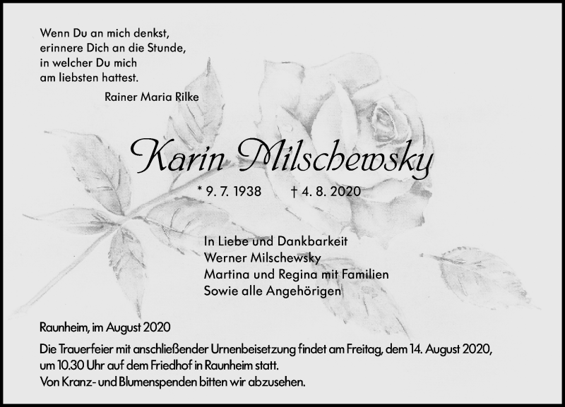  Traueranzeige für Karin Milschewsky vom 08.08.2020 aus vrm-trauer